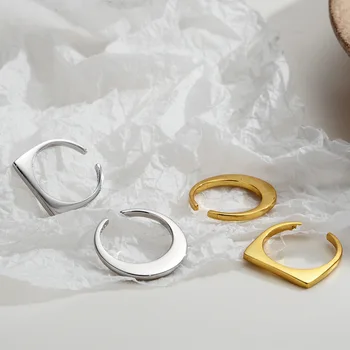 

S925 Sterling Silver Minimalist Stackable Open Rings For Women Ladies Simple Wide Round Square Shaped Adjustable Finger Jewelry