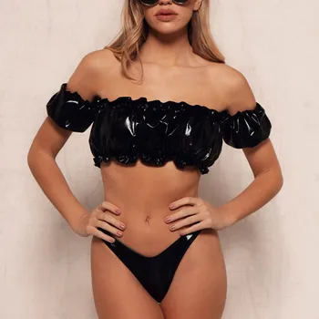 

2019 Bikini Bathing Suit Push Up Women's Swimsuit Separate Female New Swimwear Short Long Sleeve Bright Leather Women Split