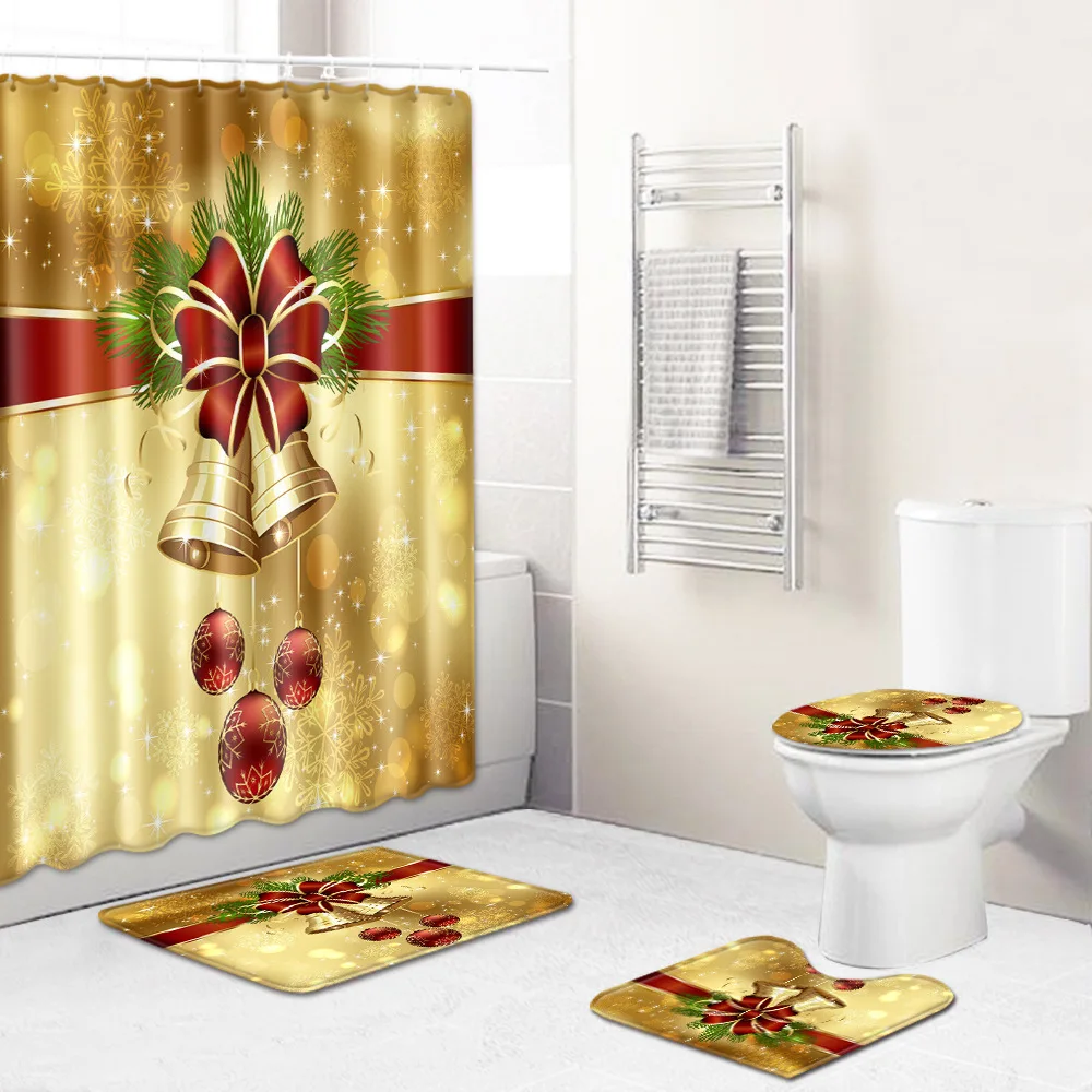 Праздничная Рождественская занавеска для ванной комнаты, 4 предмета, душевая занавеска в комплекте, новогодние вечерние коврики для ванной, Противоскользящий коврик для туалета, набор для домашнего декора