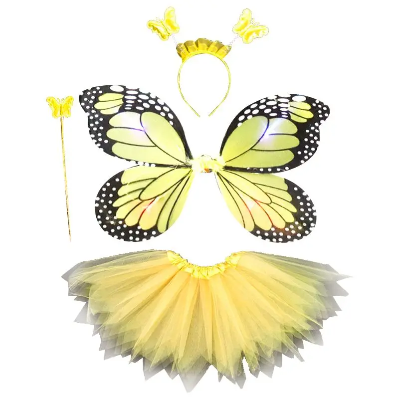 Cosplay Costume Adult Kids 4Pcs Fairy Costume Set LED Simulation Butterfly Wings Pointed Tutu Skirt Headband Wand Princess Girls Party Dress Up