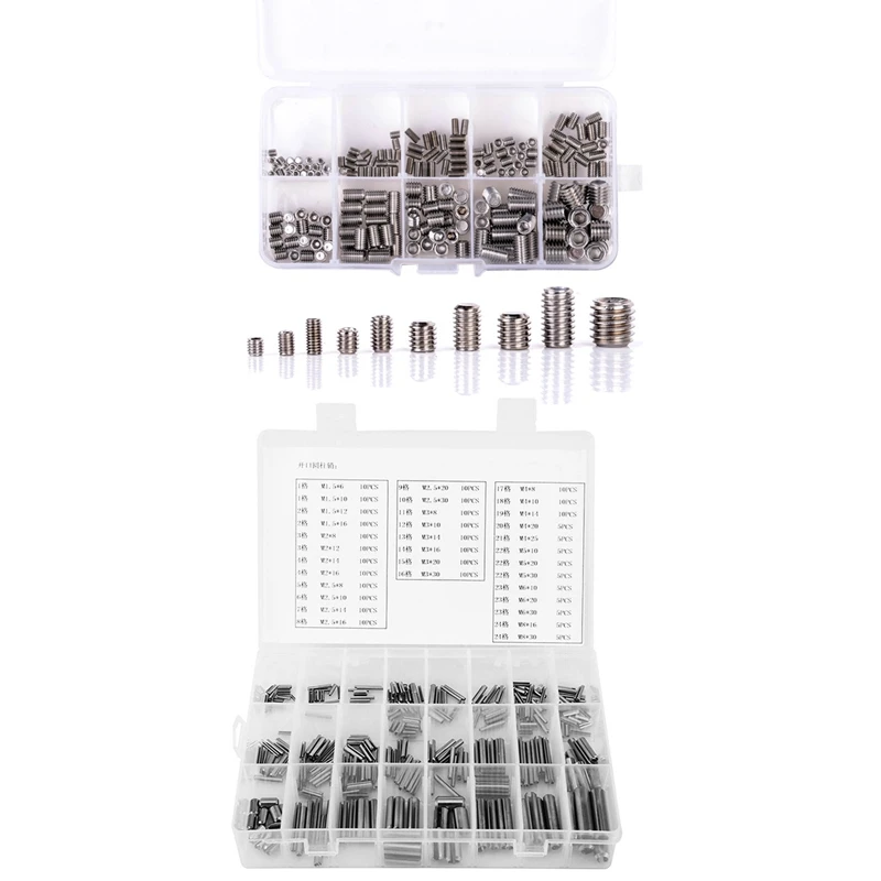 

HFES 200 Pcs 304 Stainless Steel Grub Screws Hex Socket & 280 Pcs Spring Pin Tension Elastic Cylindrical Cotter Pins