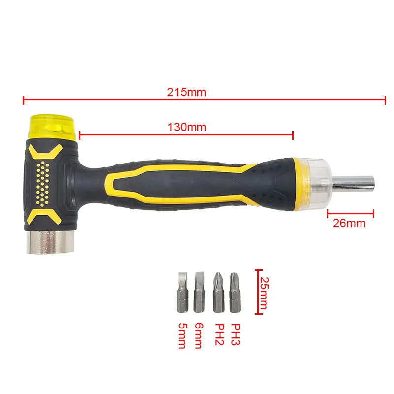 6 в 1 мульти-Молотковая резина и металл двухсторонний молоток, с мягкой резиновой твердостью металлические ударные наконечники, с отверткой