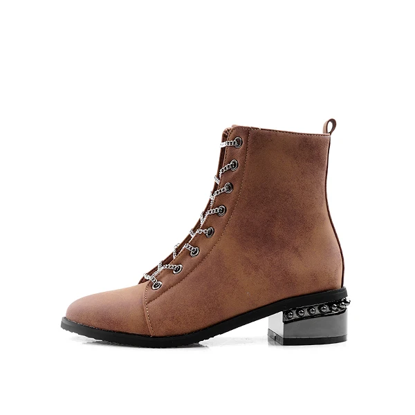 JSI/женские ботинки модные зимние женские ботинки ручной работы до середины икры на шнуровке, с цепочкой, из микрофибры, на среднем квадратном каблуке, с круглым носком, JE21 - Цвет: brown