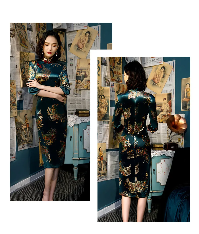 Sheng Coco L-5XL женские осенние бархатные Cheongsam Qipao принт павлинье перо китайское традиционное платье Drak Green