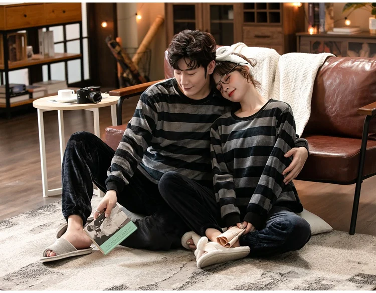 2021 Winter Long Sleeve Couple Thick Warm Flannel Pajama Sets for Men Cute Cartoon Sleepwear Pyjamas Women Homewear Home Clothes silk sleepwear