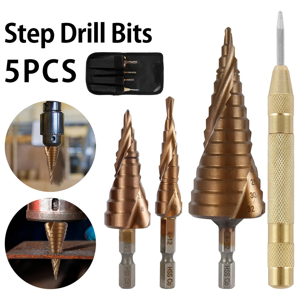 

5pcs 4-32mm Hexagonal Shank Step Drill Straight Slot High Speed Steel Hole Cutter Set Step Metal Drill Bits