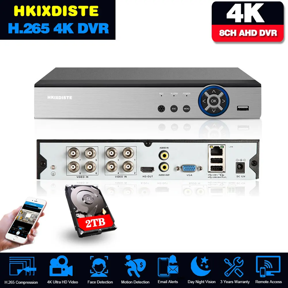 16CH 8CH 4K AHD DVR AI H.265 Hybrid 8 Megapixel NVR Digital Video Recorder for 2MP 4MP 5MP 8MP AHD/TVI/CVI/XVI/IP Cameras