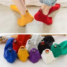4 Pairs/lot Women Socks Kawaii Embroidered Expression Boat Socks Candy Color Cotton Breathable Ankle Socks Unisex Funny Socks