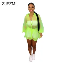 Неоновая зеленая Роза, Сетчатое прозрачное пальто, женское, отложной воротник, длинный рукав, Пляжная куртка, летняя, на пуговицах, с поясом, богемная одежда