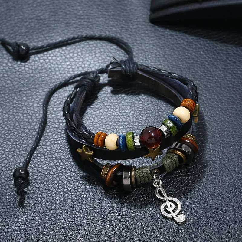 Vintage Punk Multilayer Leather Bracelet Man Women Fashion Note Accessory Bead Bracelets Charm Jewelry Wrap Adjustable Wristband