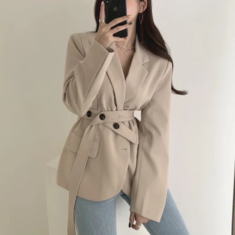 Korean Style Woman Blazer Jacket Coat Notched Collar Pocket Long Sleeve Office Lady Solid Color Slim Suit Outerwear Female