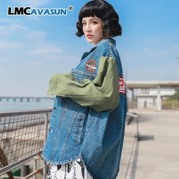 

LMCAVASUN Spring Patchwork Denim Jacket Women 2020 Lapel Embroidery Letter Printting Jacket Loose Female Denim Coat