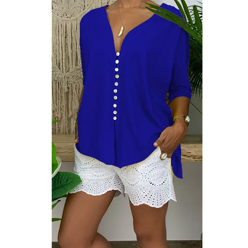 Мода 5Xl 7 цветов красивые летние женские кружевные блузки свободные однотонные Блузы с v-образным вырезом размера плюс кружевные лоскутные рубашки на пуговицах - Цвет: Королевский синий