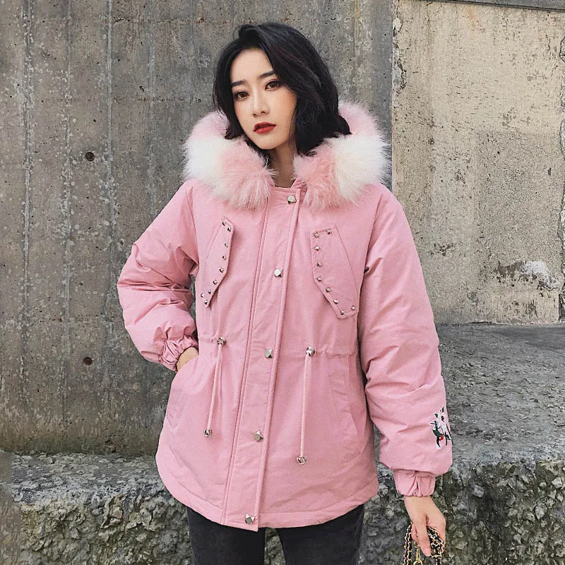 Зимняя женская куртка большого размера 3XL Женская парка с меховым воротником и капюшоном осеннее плотное пальто из хлопка с большим карманом - Цвет: Розовый