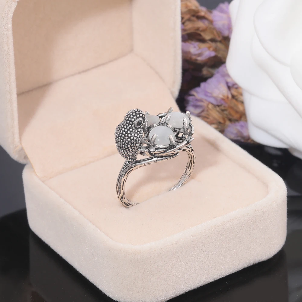 CiNily Vintage Bird Nest Moonstone Bird Egg Zircon Silver Unisex Popular Jewelry Ring 6-10 NJ441