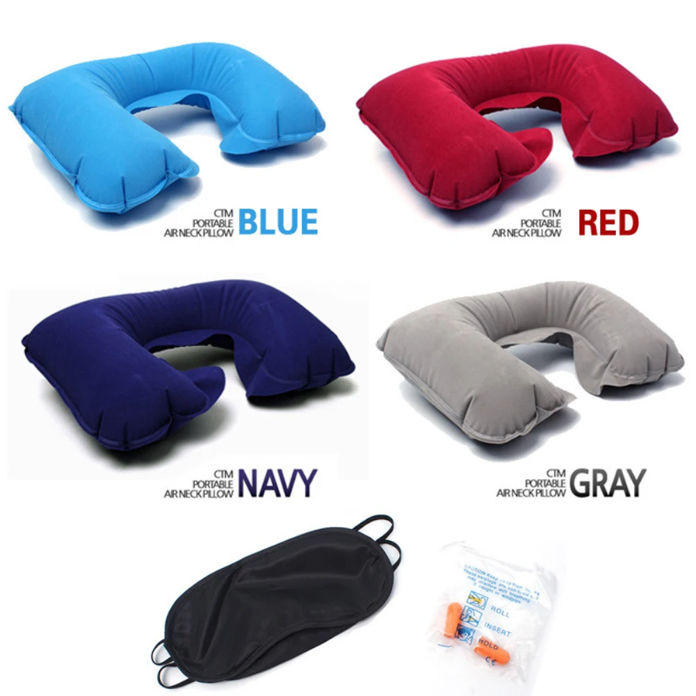 

Outdoor Traveling Tourism PVC Flocking Inflatable U-shaped Pillow Car Travel Soundproof Earplugs Blackout Eye Mask Three-piece