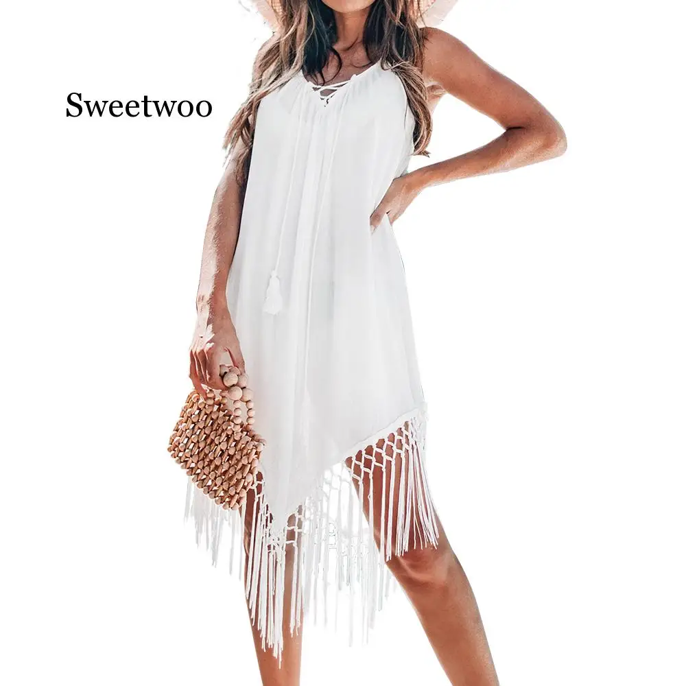White Backless Cover Up With Tassels Sexy V-neck Lace Up Halter Beach Dress Women 2020 Summer Bathing Suit Beachwear
