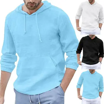 

Men's Casual Long Sleeve O-Neck Linen Solid Color Hoodie Sweatshirt Male Student Slim Fit Tops M-XXXL