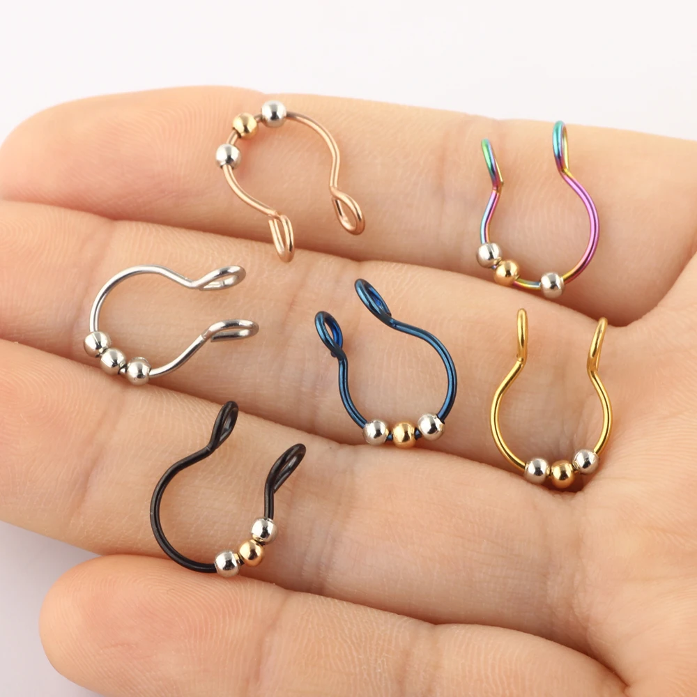 fake nose with bead TIANCIFBYJS, 2 шт., u-образное кольцо для носа, кольцо для носа, кольца для перегородки, нержавеющая сталь, имитация пирсинга в носу, пирсинг, украшения для пирсинга - Окраска металла: fake nose with bead