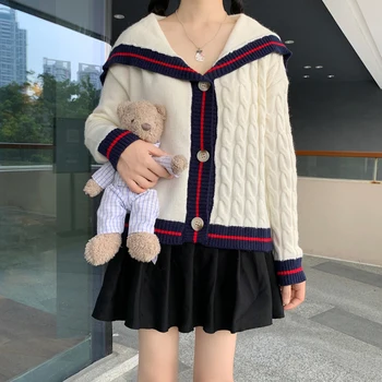 

Teen Girl Sweet Navy Collar JK Cardigan Sweater Coat Tops New Autumn Preppy Style Fashion Women's Knitted Short Knitwear