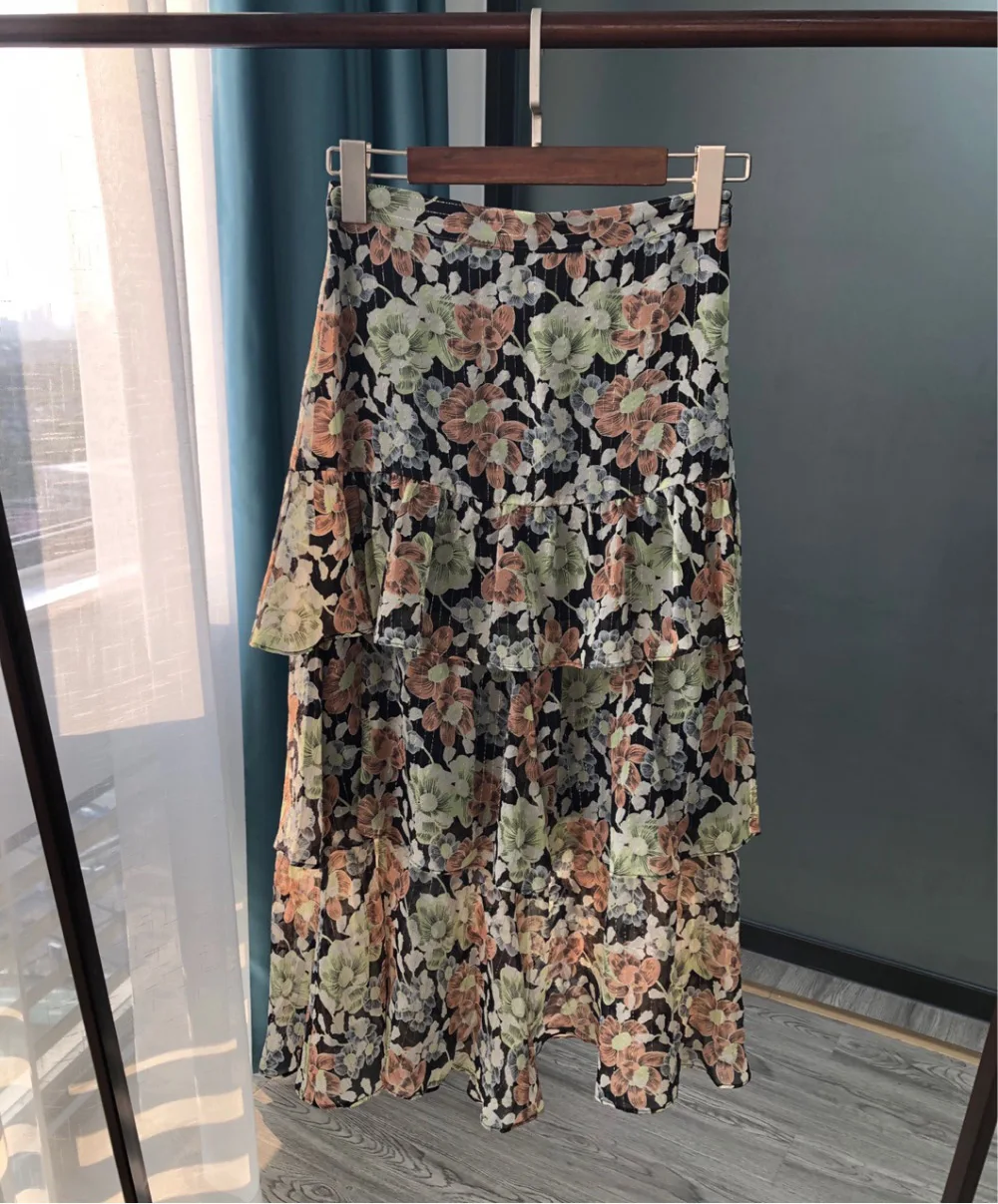 High-end Lurex Women Silk Floral Golden Metallic Yarn Layer Midi Long Skirt With Black Lining- Latest Female Floral Print Skirt
