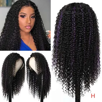 

Highlight Kinky Curly 13x6 Lace Front Wig Pre Plucked 360 Lace Frontal Human Hair Wigs 250% Density Purple Ombre Color Nabeauty