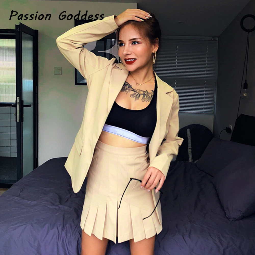 

Preppy Style Women 2 Piece Blazer Pleated Skirts Set Outfits Loose Long Blazer Jacket Cardigans A Line Pleated Skirt School Suit