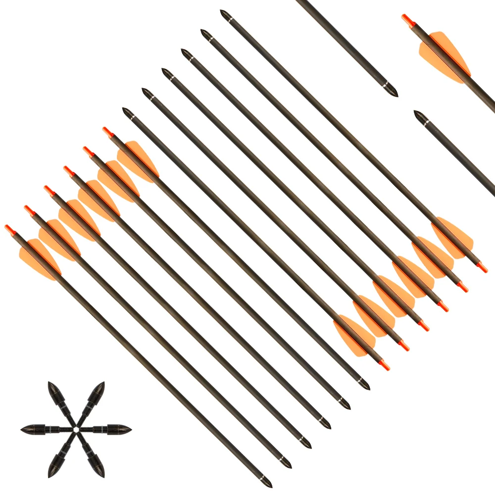Setas de Carbono ao ar Tiro com Arco Pces Huntingdoor Besta Caça Setas 15 Polegada Pena Laranja Puro Livre Flecha 6 - 12 24 1 puro setas de carbono ao ar livre tiro com arco flecha