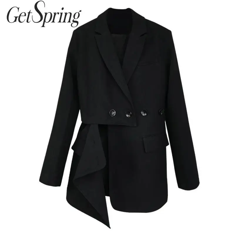 

GETSPRING Women Coat Women Suit Coats Patchwork Irregular Women Blazers Jackets Asymmetry Long Black Women Oversized Blazers