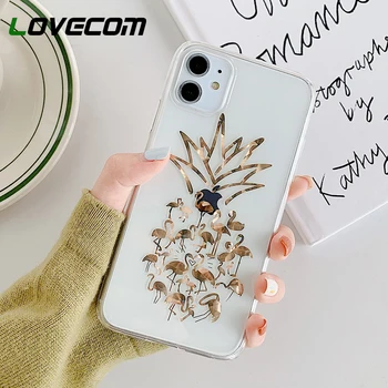 

LOVECOM Heart Flamingo Leaf Phone Case For iPhone 11 Pro Max XR XS Max 7 8 Plus X Soft IMD Clear Electroplated Back Cover Gift