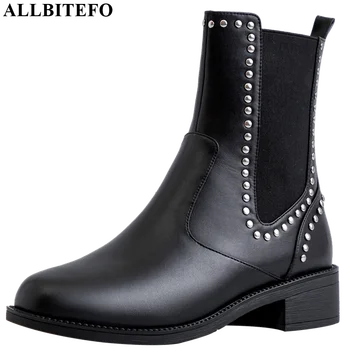 

ALLBITEFO Metal rivet women boots real genuine leather simple style ankle boots Autumn Winter fashion girls boots comfortable