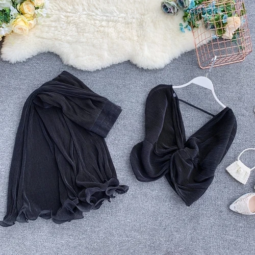 Gagarich, повседневный комплект из 2 предметов для женщин, комплект из 2 предметов, элегантный однотонный костюм с широкими штанинами, сексуальный комплект из двух предметов - Цвет: Black