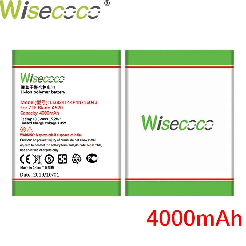 Wisecoco 4000 мА/ч, Li3824T44P4h716043 3,85 V Батарея для zte лезвие A520 A521 BA520 A603 BA603 телефон Батарея Замена