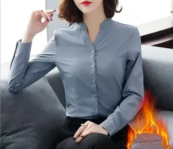 

2019 autumn and winter new professional shirt female long sleeve collar overalls plus velvet thick warm white shirt k3211-01-08