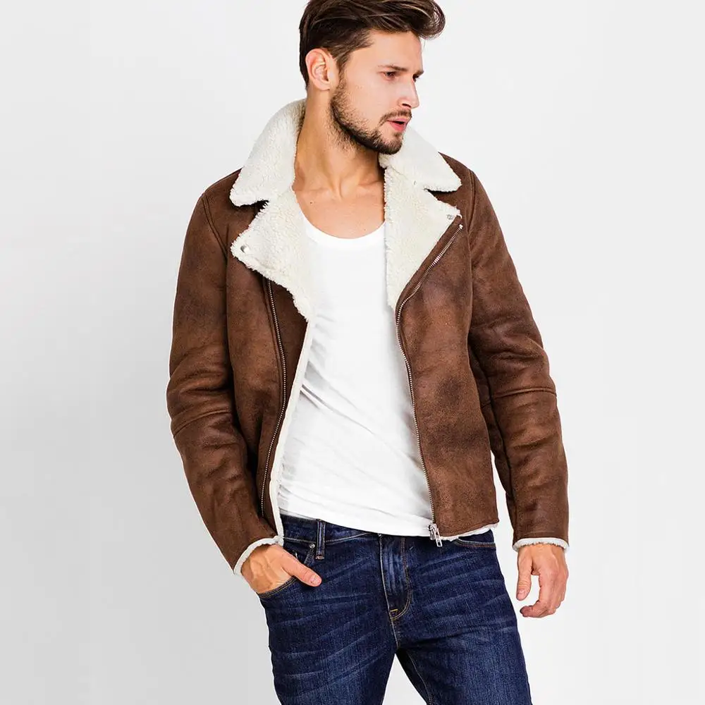 

Faux Fur Collar Faux Leather Jacket Men Winter Brown Suede Jacket Fleece Warm Bomber Coats Male Outwear Pocket 3XL Side Zipper