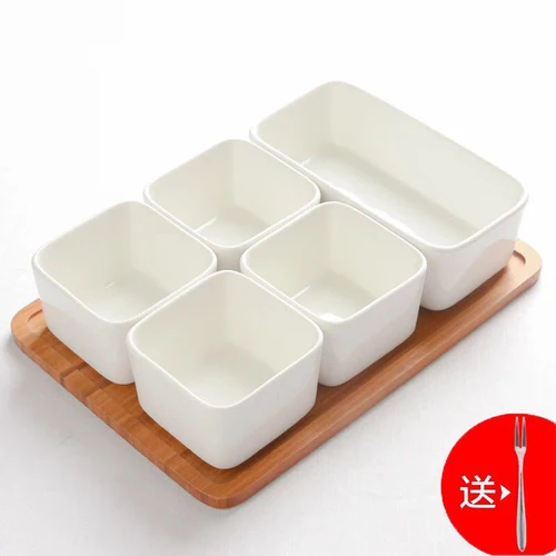 Японская керамическая тарелка для фруктов из бамбука и дерева сухофрукты тарелка для закуски поднос для хранения еды разделительный поднос салатник деревянный поднос - Color: 5pcs-A2