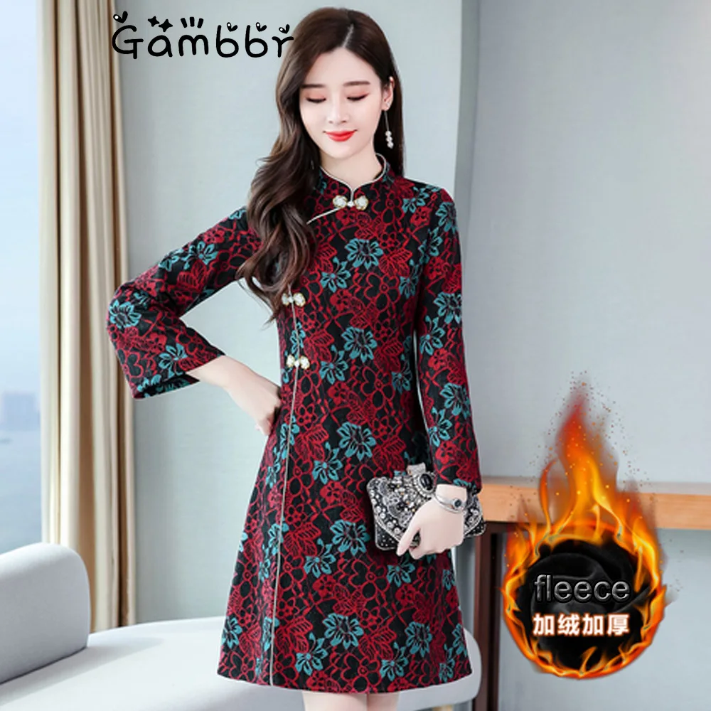 Размера плюс Чонсам в китайском стиле Стиль Qipao платье с длинными рукавами зимние