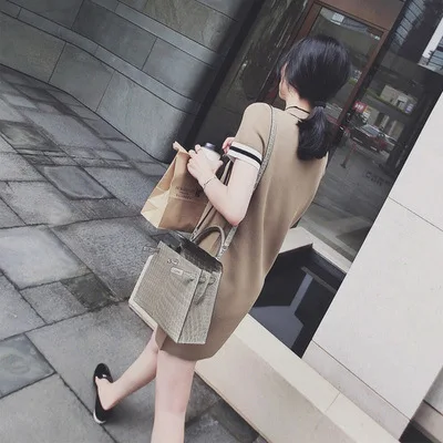 

2017 Summer New Style Polo Collar Viscose Jersey Dress Women's Summer Short Sleeve Graceful Mid-length Skirt Fashion