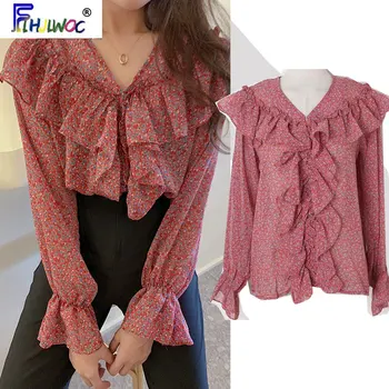 

2020 Ruffled Tops Hot Sales Korean Style Preppy Girls Flare Sleeve Floral Printed Chiffon Cute Sweet Shirts Blouses 3126