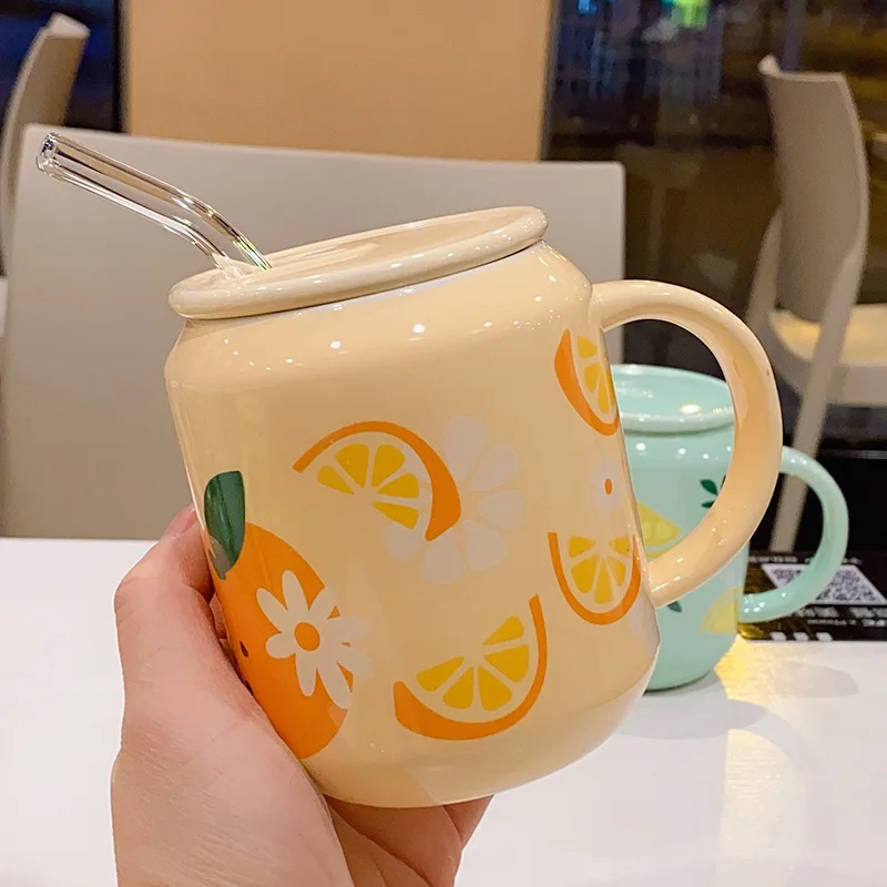 New Cute Fruit Ceramic Mug With Straw