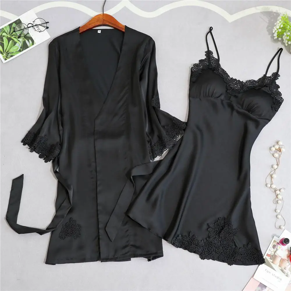 Pajama Sets Sleepwear Sets Women Nightgown Women Bathrobe Robe Gown Sets Women Summer Lace Silk Dress Leisure Elegant 2pcs Sleep Lounge Robe Sleepwear