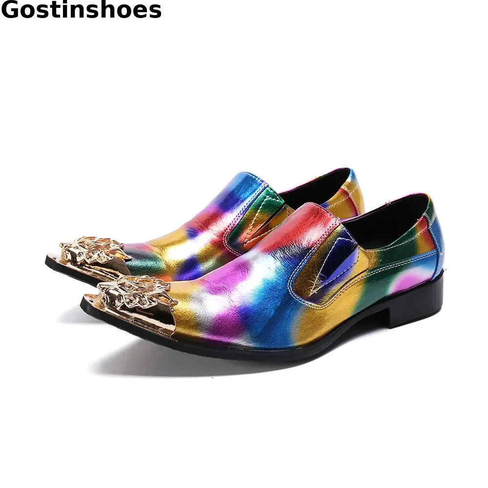 

Rainbow Color Fashion Genuine Leather Shoes Men Pointed Iron Captoe Men Casual Shoes Party Wedding Daily Wear Leisure Shoes Men
