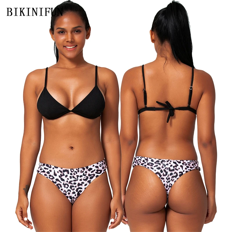 

2020 New Sexy Solid Black Top Swimsuit Women Leopard Bottom Swimwear Triangle Bralette Bating Suit S-XL Girl Backless Bikini Set