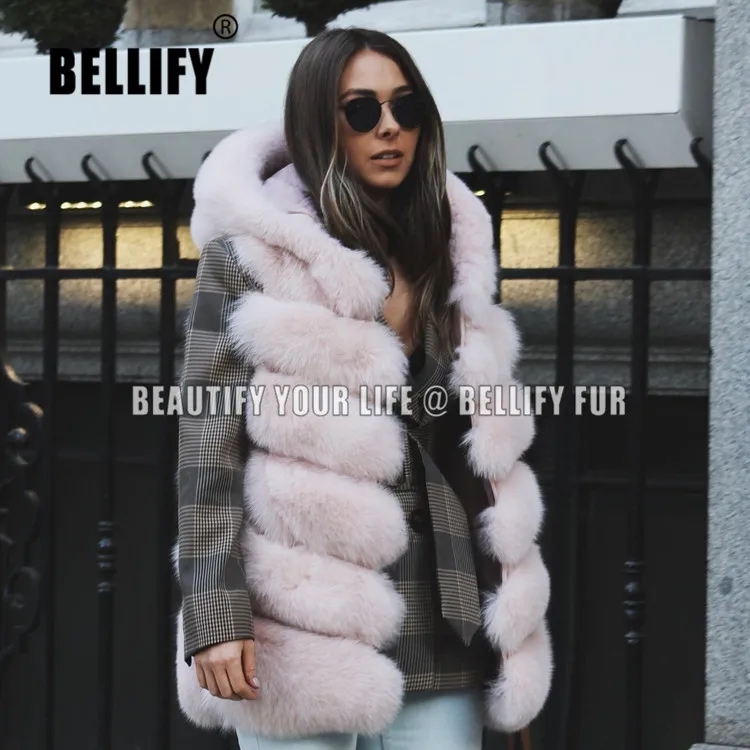 Европейский бренд дизайн дамы косой стиль с капюшоном из натурального Лисьего