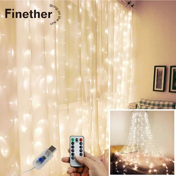 

Finether 300LED 3 x 3M Party Wedding Christmas Curtain Fairy Lights USB String Light Home Remote Control Holiday Lighting