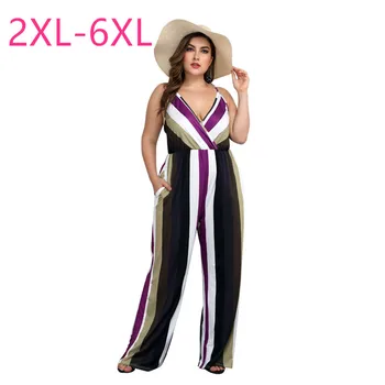 

New 2020 summer plus size women sleeveless off shoulder loose deep v neck color stripe wide leg long jumpsuit 3XL 4XL 5XL 6XL