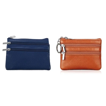 

2 Pcs Leather Change Coin Purse with 4 Pockets and Keychain for Women, Blue & Brown