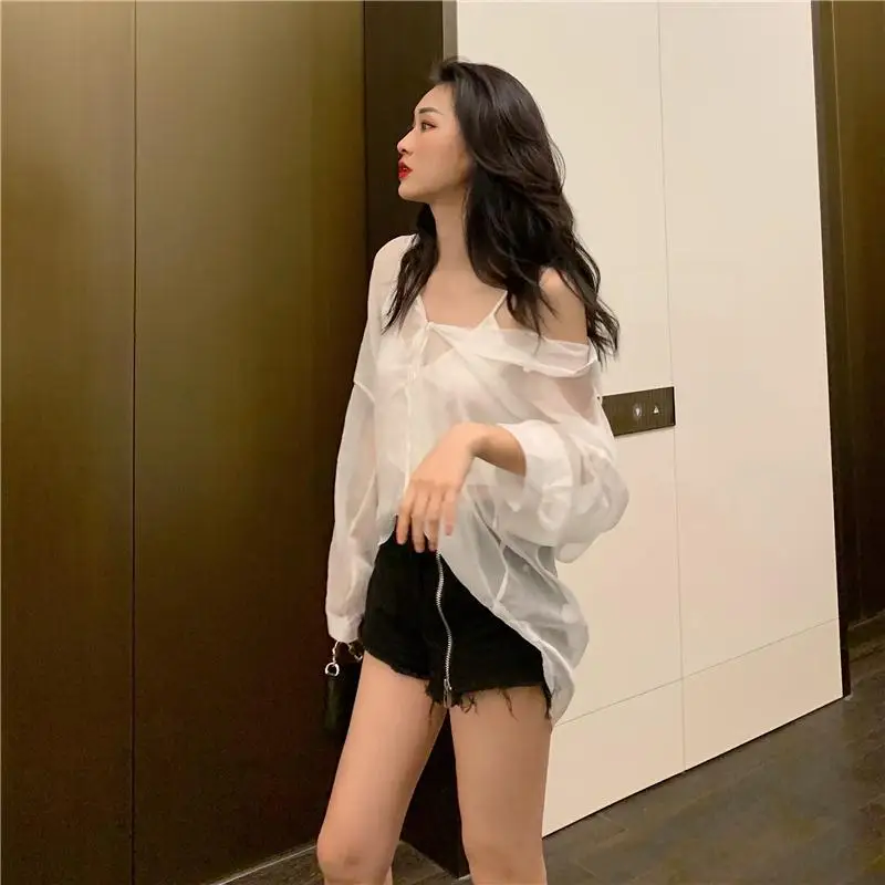 블라우스 여성 여성 의류 여름 섹시한 시폰 원근법 셔츠 코트 여성 Blusas Ropa De Mujer