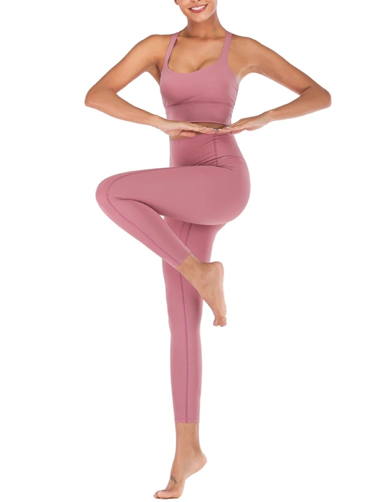 Pink Red Леггинсы+ спортивный бюстгальтер, комплект для йоги, Женские топы для фитнеса, йоги, высокая талия, леггинсы для тренажерного зала, штаны для спортзала, спортивный костюм из 2 предметов - Цвет: Pink Red