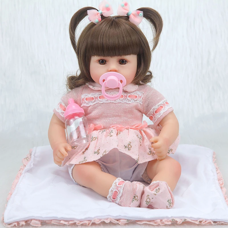 

42CM Reborn Baby Doll Toy Full Silicone Pink Princess Dress Cloth Body Short Volume Hair Realistic Baby Doll Toddler Kid Gifts